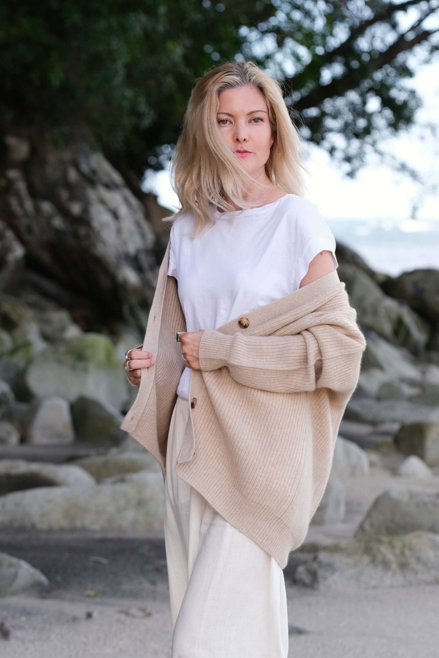 Luxe Relaxed Fit Cashmere Cardigan - Beige