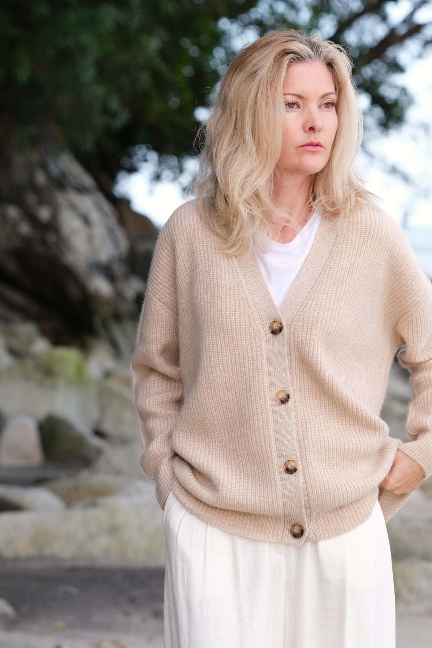 Luxe Relaxed Fit Cashmere Cardigan - Beige