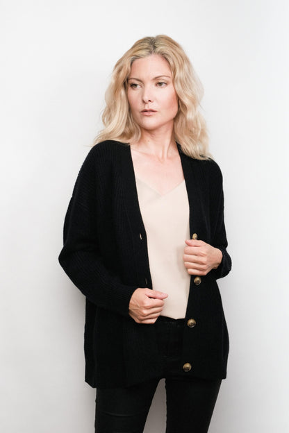 Luxe Relaxed Fit Cashmere Cardigan - Black