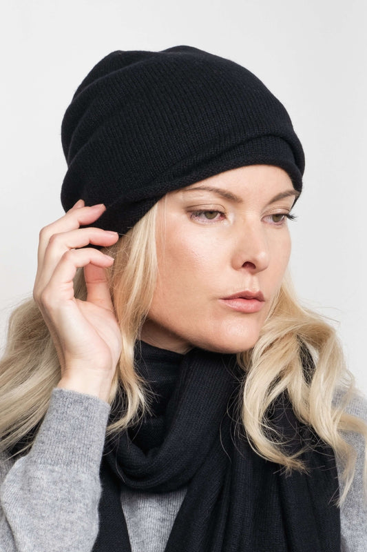 Cashmere Unisex Roll-Edge Beanie - Black