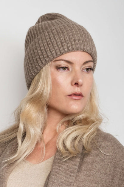 Cashmere Unisex Striped Beanie - Chestnut