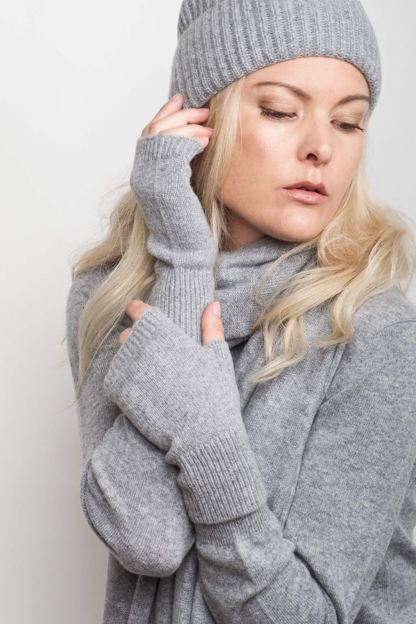 Cashmere Fingerless Gloves Mittens - Grey