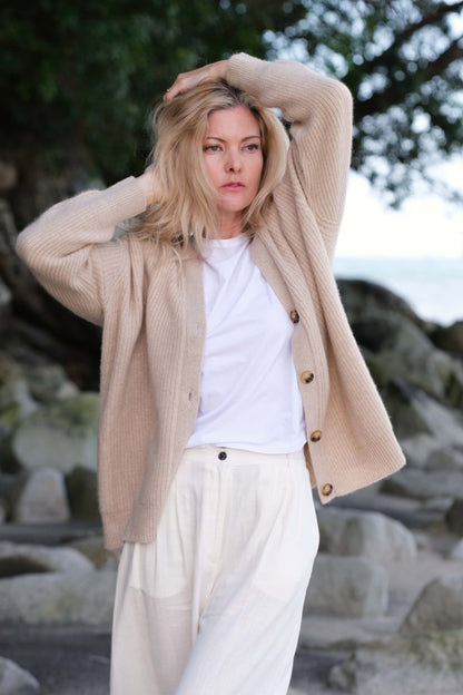 Luxe Relaxed Fit Cashmere Cardigan - Beige